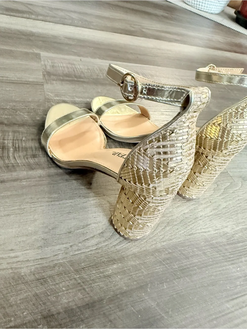 JustFab Metallic Gold Ankle-Strap Block Heel Sandals